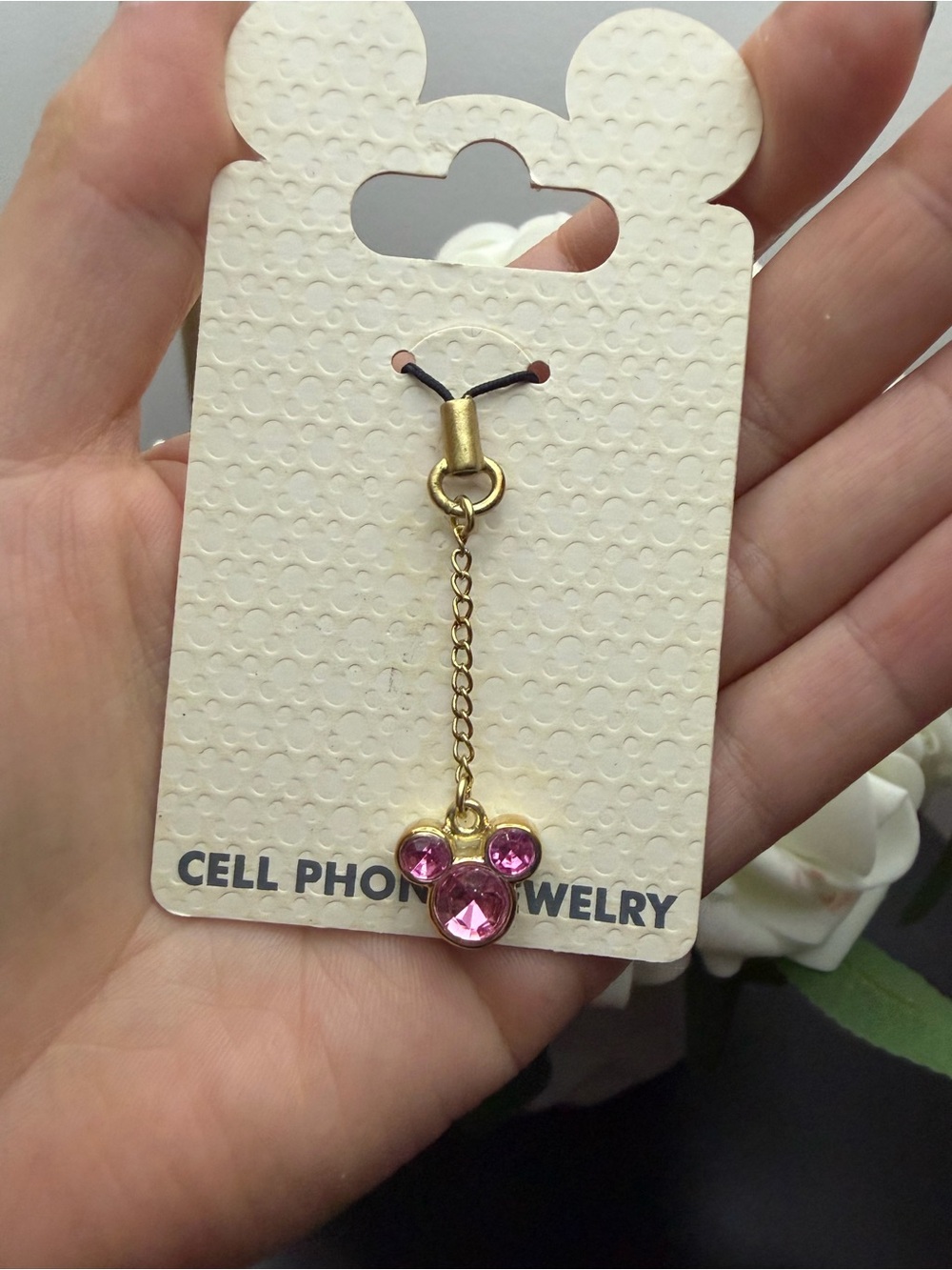 Gold Phone Charm with Pink Crystal Mickey-Style Pendant